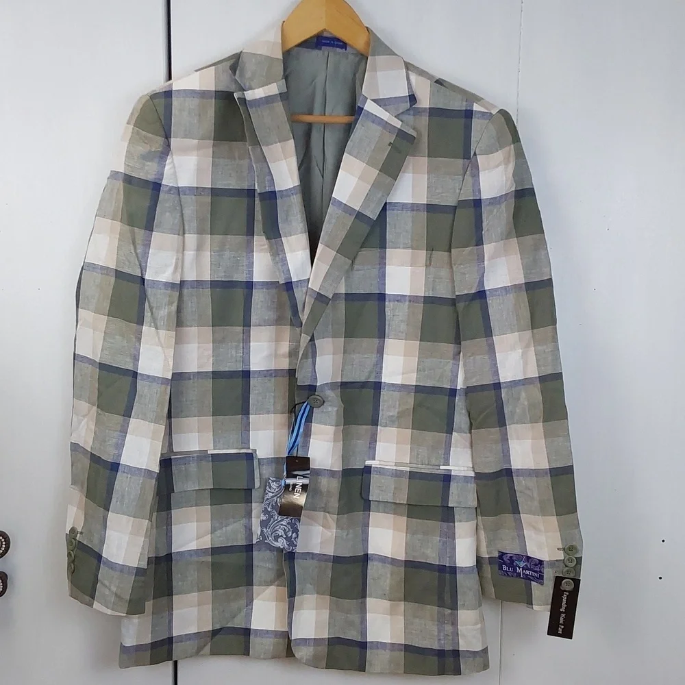 Blu Martini |Green/Tan Neutral Plaid Blazer Linen Sports Coat Preppy Sz.40L